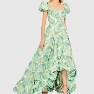 Mac Duggal NWT 68276 Green Floral Print Puff Sleeve High Low Brocade Gown Size 6